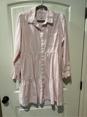 crown & ivy Pink and White Striped Button-Up Tiered Shirt Dress